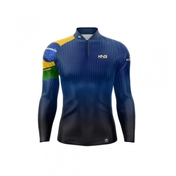CAMISETA MANGA LONGA COM PROTECAO UV 50 AZUL E PRETO BRASIL TAM. GG