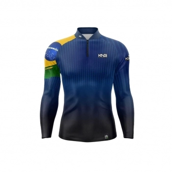 CAMISETA MANGA LONGA COM PROTECAO UV 50 AZUL E PRETO BRASIL TAM. P
