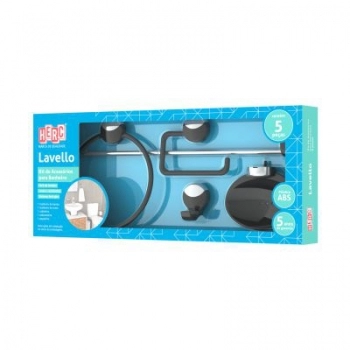 KIT ACESSORIO PARA BANHEIRO PRETO/CROMADO ABS 5 PCS HERC 4092