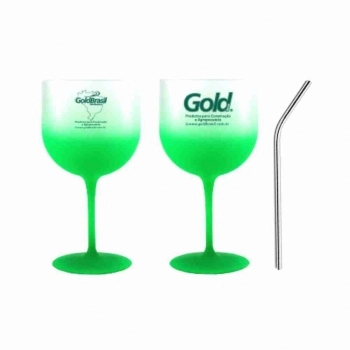TAÇA PARA DRINK VERDE DEGRADE 600ML COM CANUDO METALICO GOLD